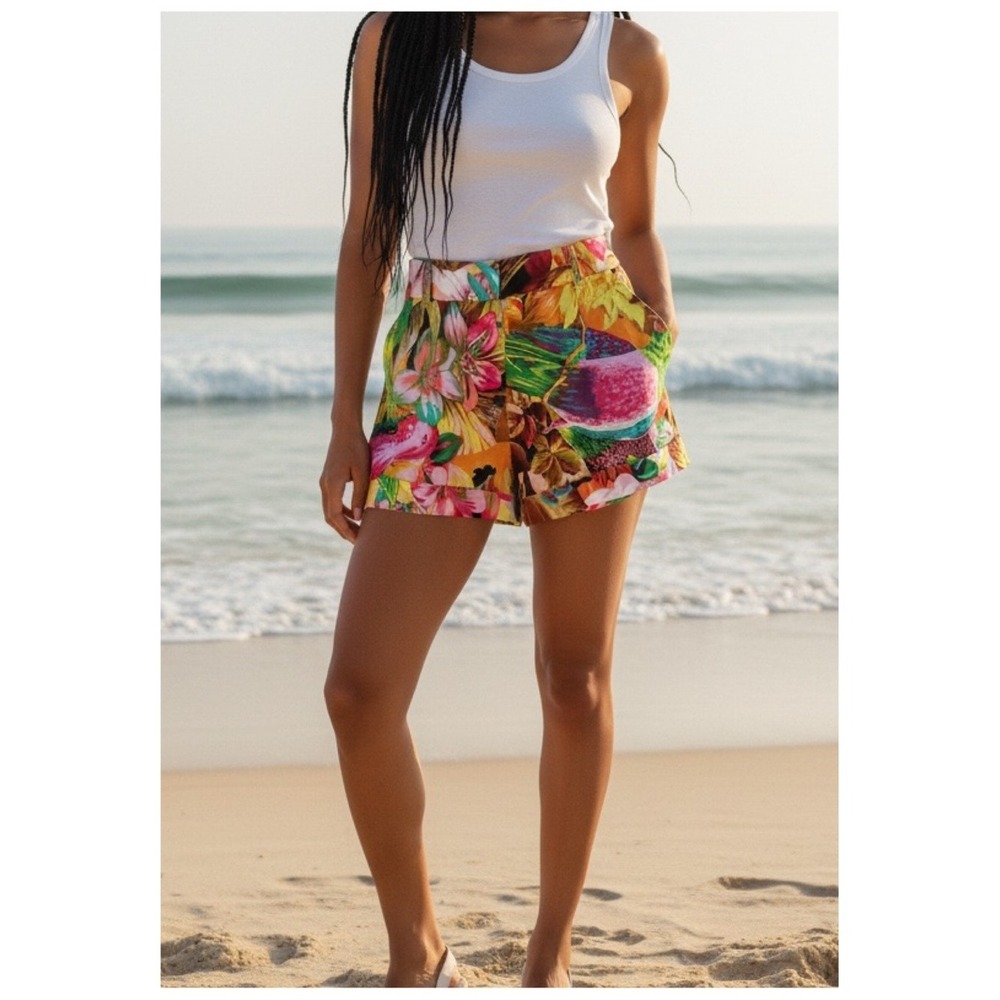 Cache Silk Blend Tropical Shorts Women's 10 Vacation Resortwear